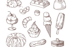 Sweet desserts sugar food sketch set